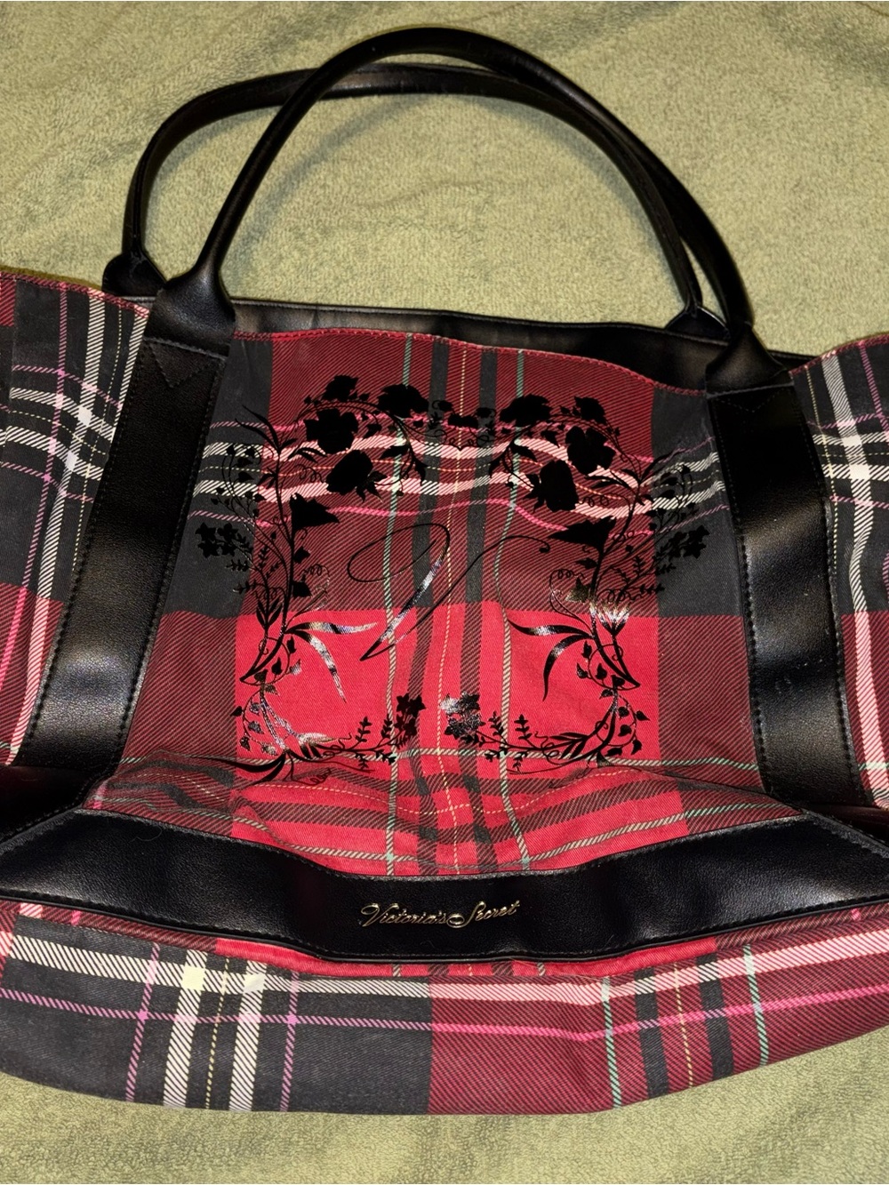 Victoria's Secret Black and Red Plaid Tote with Floral Monogram